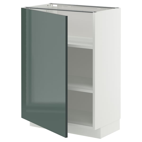 Armoire de cuisine METOD, gris-vert brillant, intérieur blanc, étagères réglables.