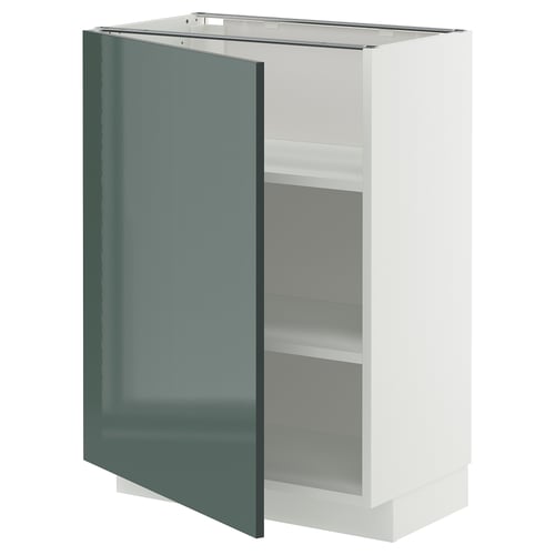 Armoire de cuisine METOD, gris-vert brillant, intérieur blanc, étagères réglables.