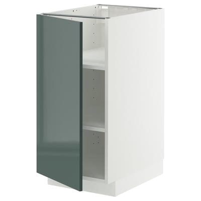 Armoire de cuisine METOD en gris-vert brillant avec cadre blanc et étagère réglable.