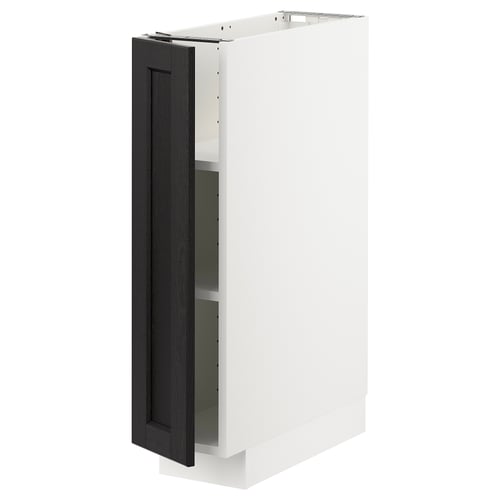Armoire blanche moderne, porte noire, forme carrée, étagères réglables.