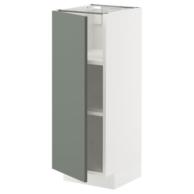 Armoire de cuisine moderne en blanc et gris-vert ; rectangulaire, avec porte unique et étagères.