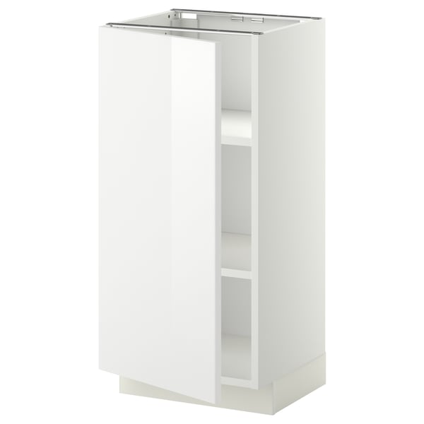 Une armoire de cuisine METOD blanche avec une finition brillante, une forme rectangulaire et des étagères réglables. Il a un design moderne et une construction robuste.