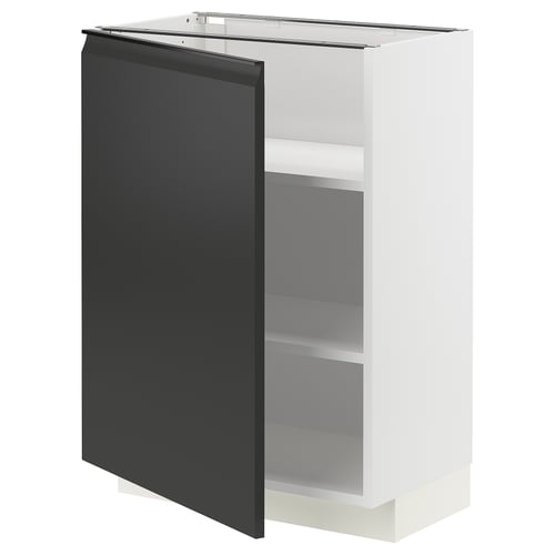 Armoire de cuisine moderne, blanc et noir mat, forme carrée avec étagères, design minimaliste.