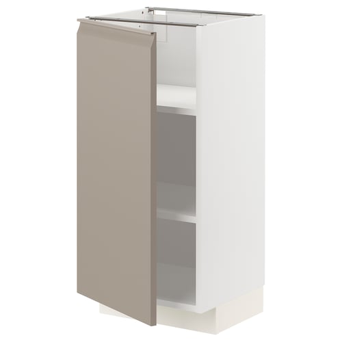 Armoire de cuisine moderne en gris-beige avec un design minimaliste, des étagères réglables et des bords chanfreinés.