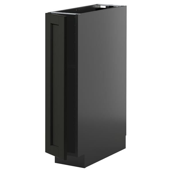 Armoire de cuisine noire aux bords biseautés, mince et rectangulaire, au design moderne.