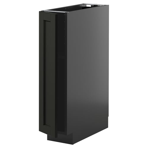 Armoire de cuisine noire aux bords biseautés, mince et rectangulaire, au design moderne.