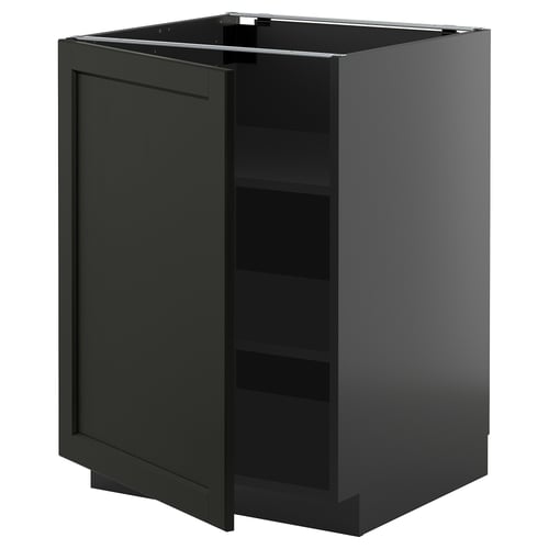 Armoire METOD gris foncé avec une porte ouverte, étagères réglables et bords biseautés.