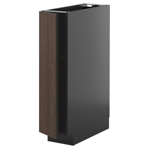 Une armoire de cuisine élégante et moderne noire et brun foncé avec un design élégant et des accents de bois.
