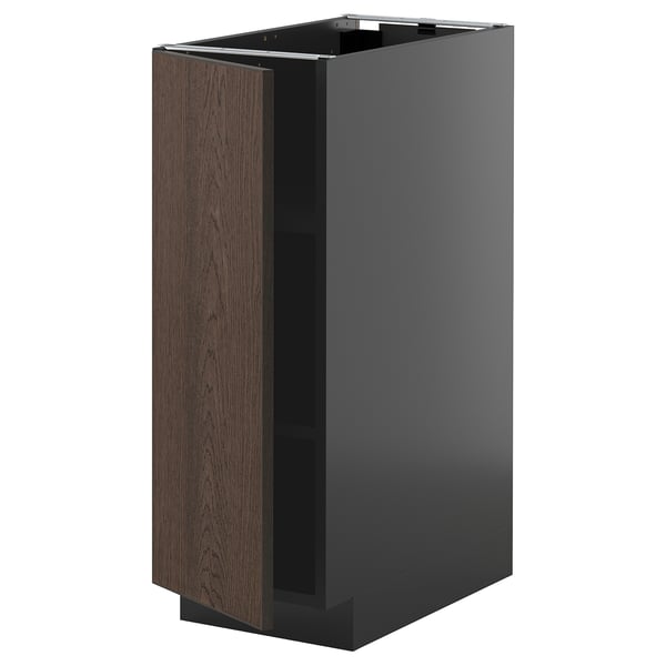 Armoire de cuisine moderne en bois noir et foncé avec porte ouverte.