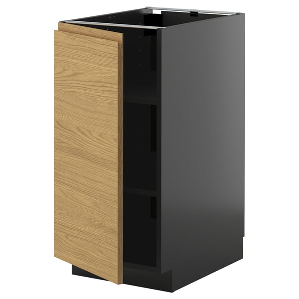 METOD : armoire de cuisine moderne, gris-noir avec porte en chêne, look minimaliste, sensation chaleureuse.