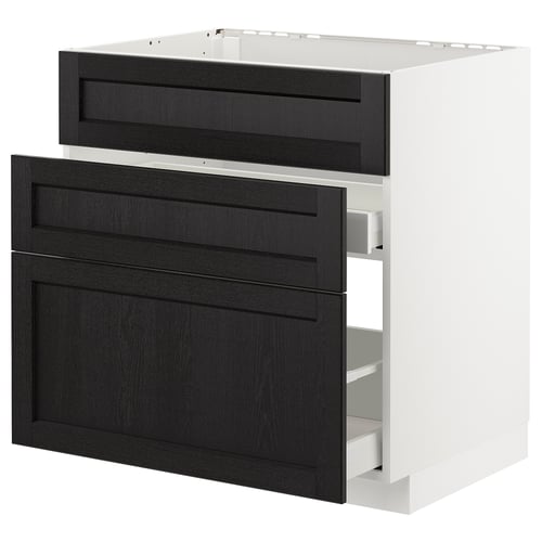 Unité de cuisine moderne : METOD en noir, blanc et frêne, rectangulaire, design épuré avec 3 tiroirs.