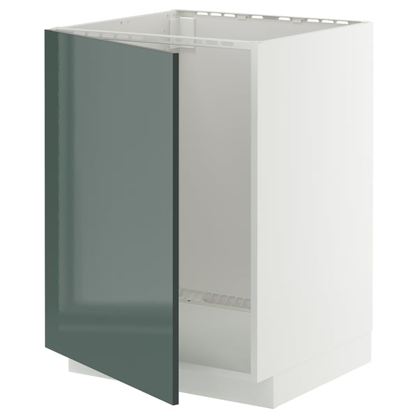 Armoire de cuisine gris-vert brillant avec cadre blanc et portes fermées.