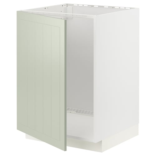 Armoire de cuisine METOD blanche avec panneau vert, étagère en fil métallique.