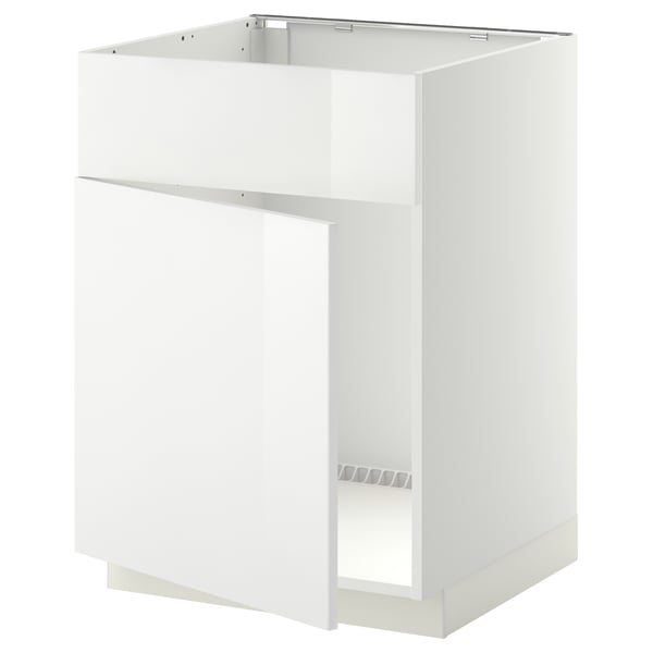 Armoire de cuisine blanche brillante, rectangulaire avec sections supérieure et inférieure ouvertes.