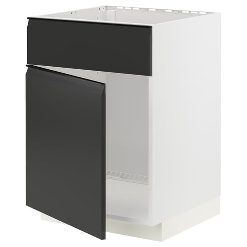 Unité de cuisine moderne en noir et blanc avec un design élégant sans poignée.