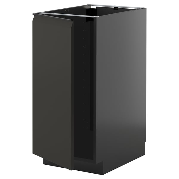 Armoire de cuisine noire, design moderne et épuré, finition brillante, forme carrée, poignées intégrées.
