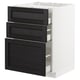 Armoire de cuisine moderne avec 3 tiroirs en bois teinté noir, cadre blanc, design élégant et bords biseautés.