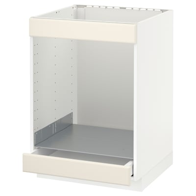 Meuble de cuisine bas METOD blanc avec tiroir blanc cassé et bords biseautés, mécanisme d’extension complète, design robuste et moderne.