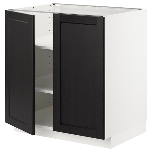 Armoire de cuisine moderne, blanche et noire, deux portes, forme carrée, bords biseautés.