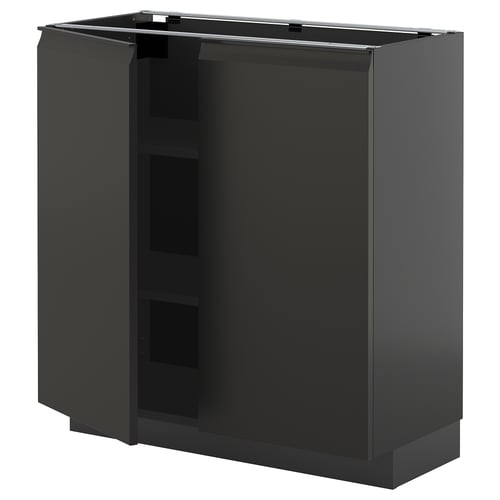 Armoire de cuisine noire moderne avec portes et poignée élégantes, forme rectangulaire, finition brillante.