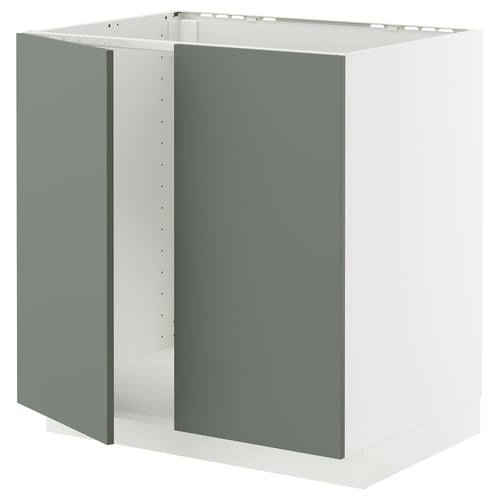 Une armoire de cuisine ikea METOD avec un cadre blanc et des portes vert-gris. Il est conçu pour un four ou un évier et a des lignes élégantes et modernes.