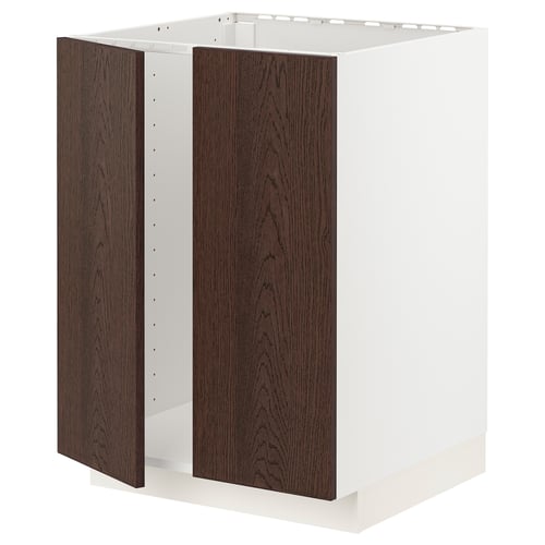 Il s’agit d’un meuble de cuisine METOD avec des portes en bois sinarp brun foncé. L’armoire est rectangulaire avec un cadre et deux portes ouvrantes.
