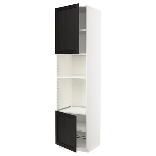 Un meuble de cuisine METOD blanc avec des portes en bois teinté noir et une étagère réglable.