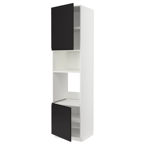 Une armoire de cuisine METOD blanche avec des portes noires, un design moderne et des étagères réglables.