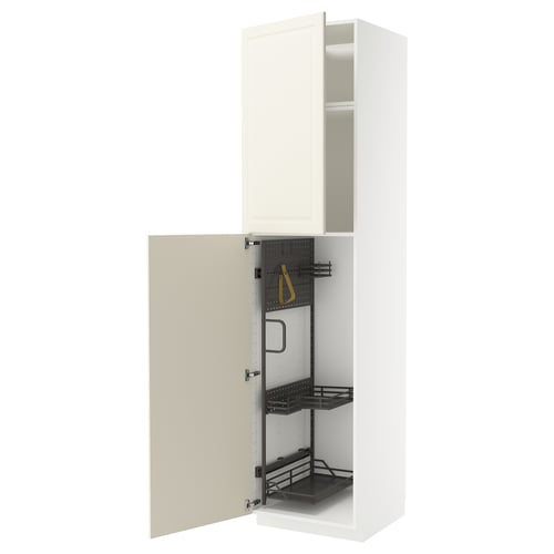 Armoire de cuisine METOD blanc cassé avec organisateurs coulissants et bords biseautés.