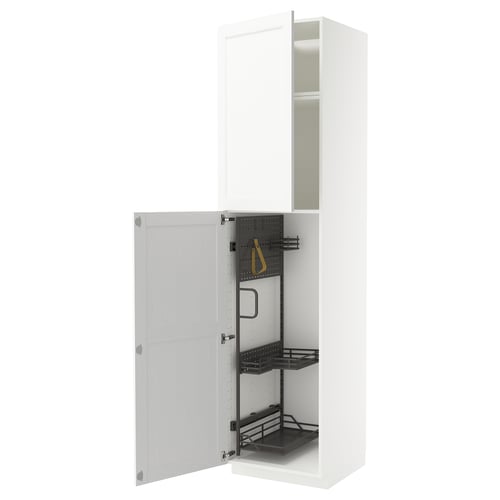 Armoire METOD blanche, design moderne, étagères de rangement à l’intérieur, organisateurs en métal, hauts et minces.