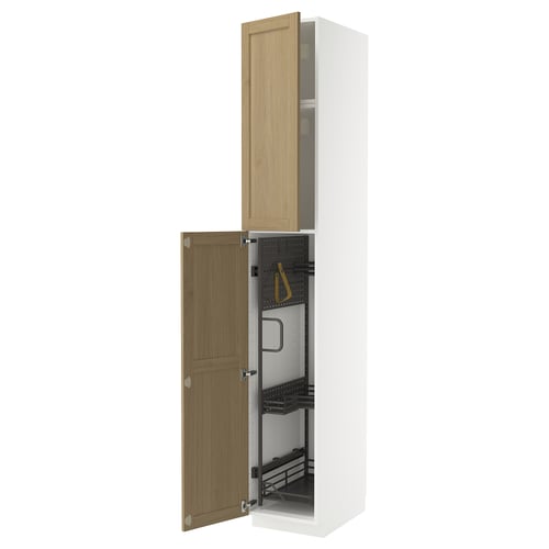 Armoire de cuisine METOD, blanc et chêne, haute avec organisateurs coulissants, design moderne.