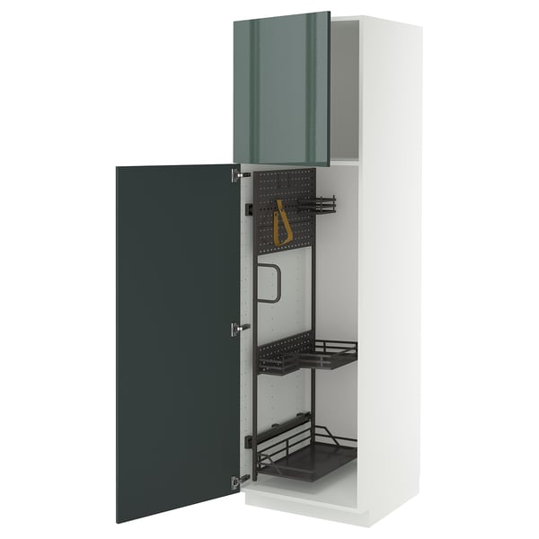 Armoire de cuisine moderne, intérieur gris-vert, blanc, étagères, plateaux coulissants, charnières métalliques, design 3D.