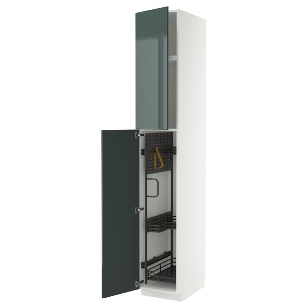 Armoire METOD, vert brillant, verticale, poignées ouvertes, étagères en acier, blanc et gris.