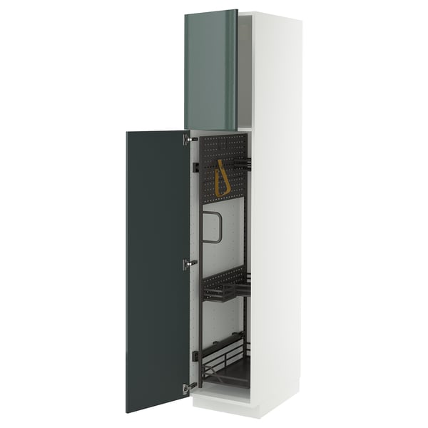 Armoire METOD blanche ouverte avec des portes vert foncé avec un intérieur organisé.