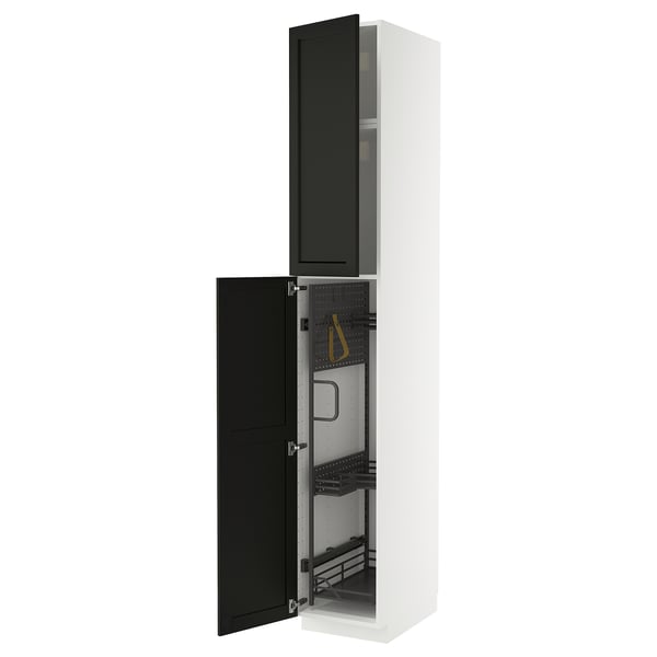 Armoire METOD blanche avec portes noires ouvertes, affichant des étagères de rangement.