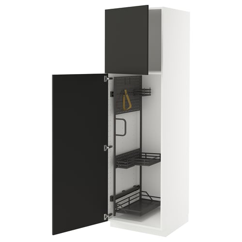 Armoire blanche moderne avec portes noires et organisateurs intérieurs, avec étagères coulissantes.