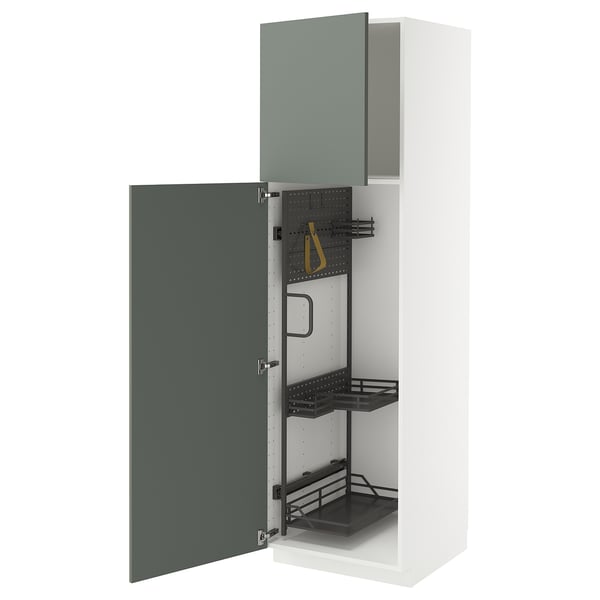 Meuble de cuisine METOD avec portes gris-vert, design moderne, organisateurs coulissants.