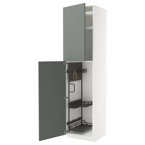 Armoire de cuisine METOD, gris-vert, cadre en acier, étagères coulissantes.