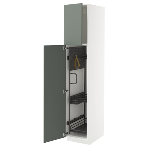 Armoire de cuisine METOD en gris-vert avec organisateurs coulissants, intérieur blanc, portes battantes à gauche et à droite.