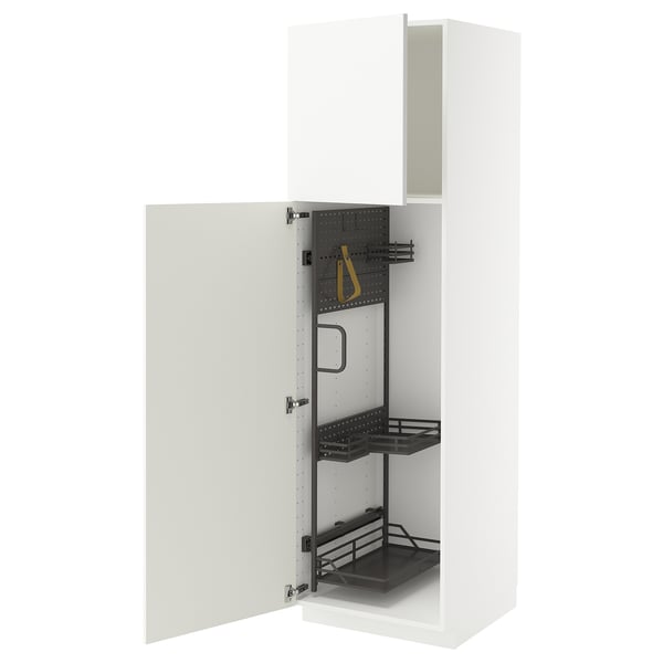 Armoire de cuisine METOD blanche au design moderne, finition brillante, porte ouverte révélant des organisateurs coulissants.