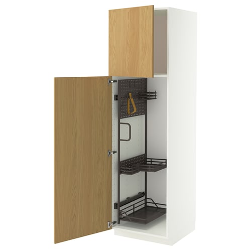 METOD Élément haut + rangements prod entr, blanc/Sinarp plaqué chêne, 60x60x200 cm