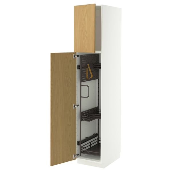 METOD Élément haut + rangements prod entr, blanc/Sinarp plaqué chêne, 40x60x200 cm