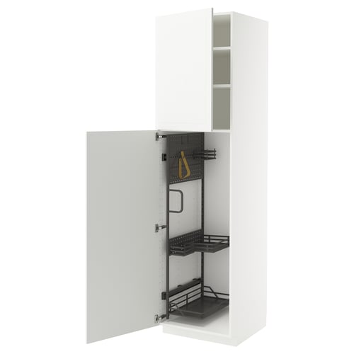 Armoire blanche METOD avec organisateurs coulissants. Design moderne, panneaux de fibres et d’acier, forme rectangulaire.
