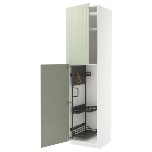 Armoire de rangement verte étroite METOD avec deux étagères, porte ouverte