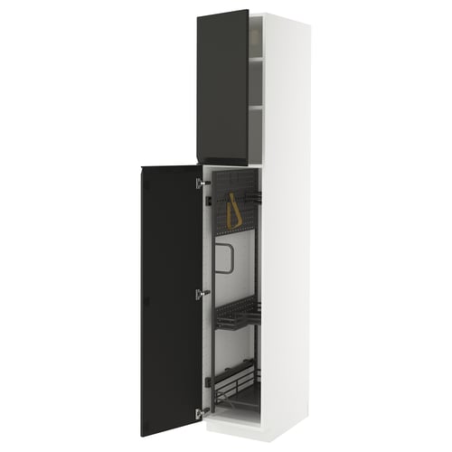 Unité de cuisine METOD noir et blanc : portes hautes, modernes, noires avec poignées, cadre blanc, organisateurs coulissants.