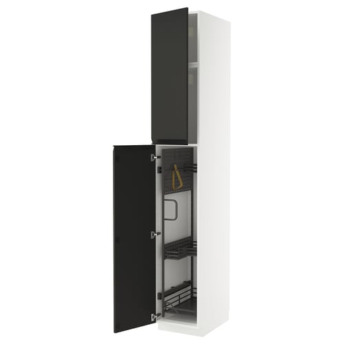 Armoire METOD blanche moderne avec portes upplov noires, ouverture à charnières montrant un intérieur organisé.