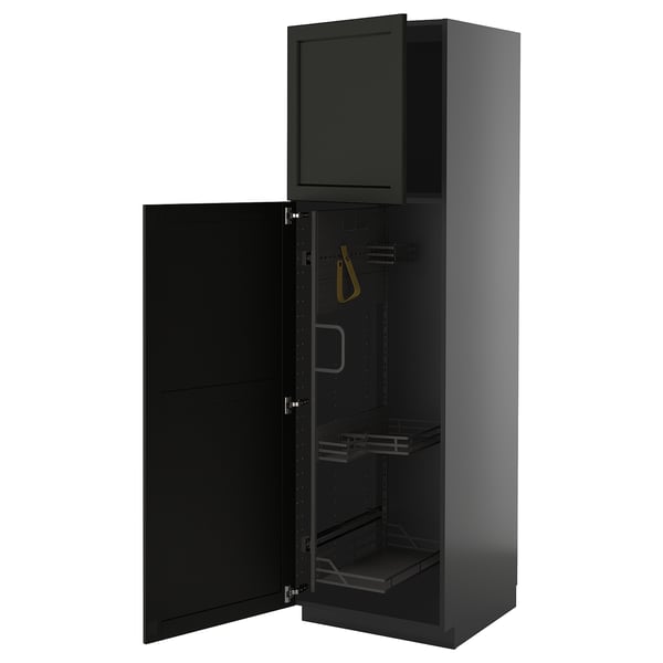 Armoire METOD gris foncé avec intérieur, étagères et organisateur noirs.