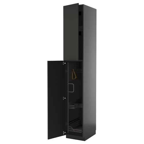 Armoire de cuisine noire moderne, haute avec porte ouverte, avec étagères et organisateurs.