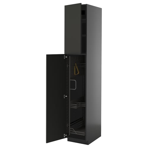 Armoire haute METOD noire avec porte ouverte laissant apparaître des étagères, des charnières en nickel et une poignée jaune.