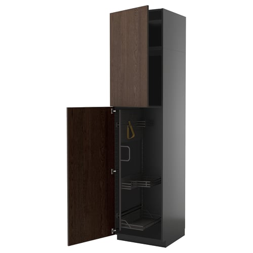 Armoire moderne en bois brun foncé avec étagères coulissantes, design élégant et quincaillerie en métal.